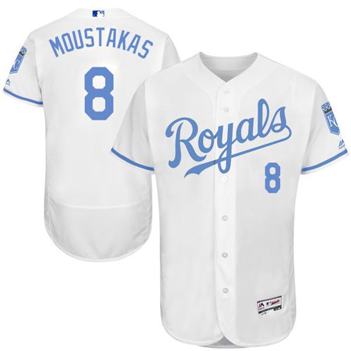 Royals #8 Mike Moustakas White Flexbase Authentic Collection Father's Day Stitched MLB Jersey - Click Image to Close